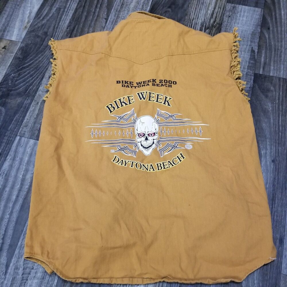Vtg 2000 Tan Brown Bike Week Men’s Motorcycle Daytona Size L Skull Pearl Snap